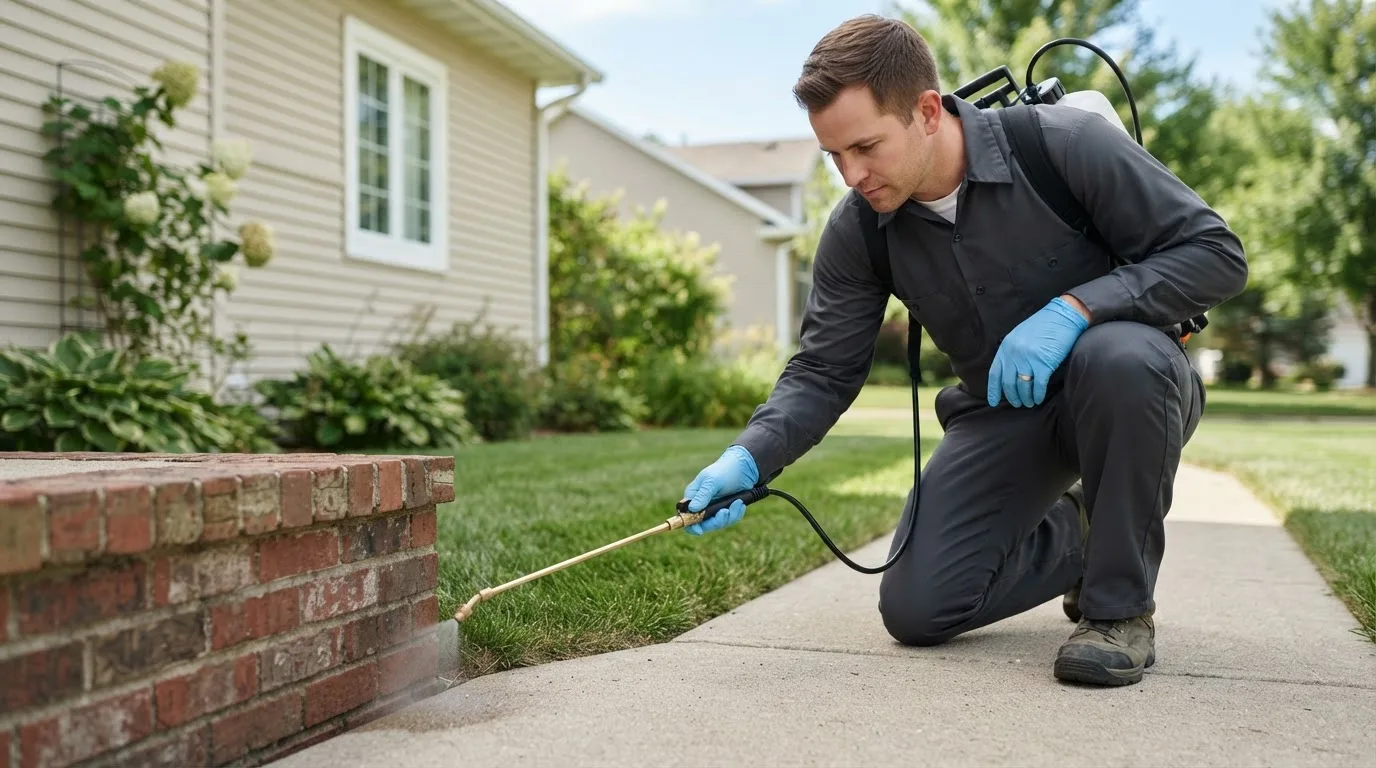Pest control technician treating a home near Ponemah, MN